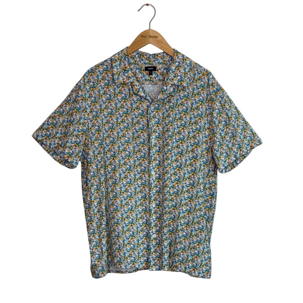 EXPRESS Men XL Oranges Print Linen Blend Short Sleeve Button Up Casual Shirt